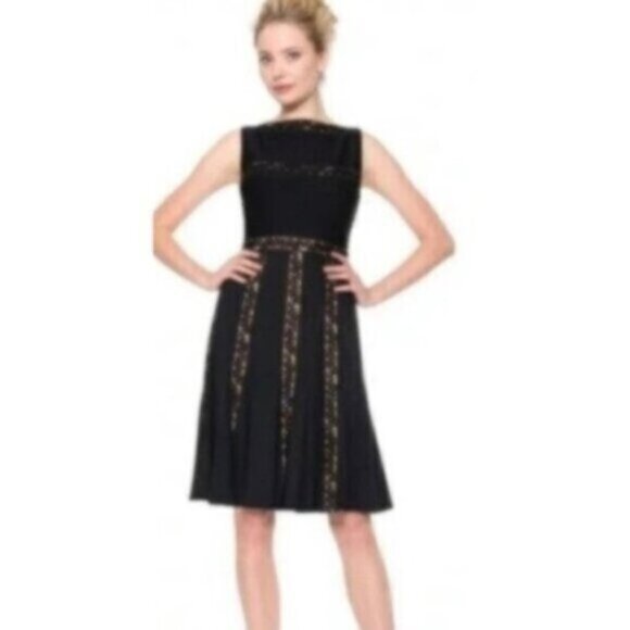 NWT Tadashi Shoji Black and Tan Pintuck Jersey Lace Knee Length Dress - Picture 1 of 12